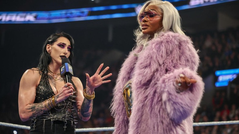 Rhea Ripley cuts a promo on WWE Women's Champion Jade Cargill in the ring after her Royal Rumble victory on "WWE SmackDown."