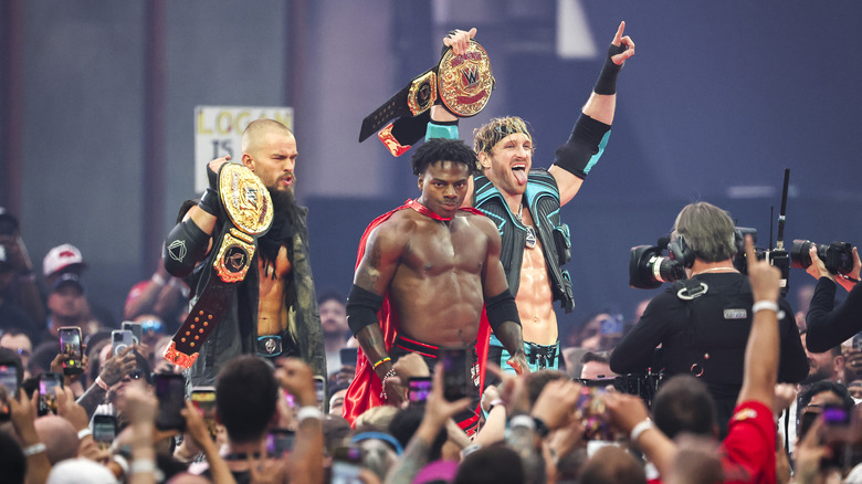 Austin Theory, IShowSpeed and Logan Paul enter the arena during the first night of WrestleMania 42 at Allegiant Stadium on April 18, 2026 in Las Vegas, Nevada.