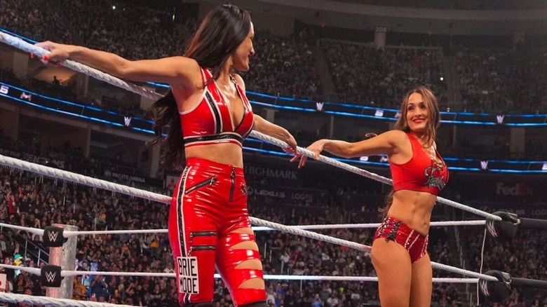 Nikki and Bella Bella smile at one another before they flip over the ropes during their entrance on an episode of 