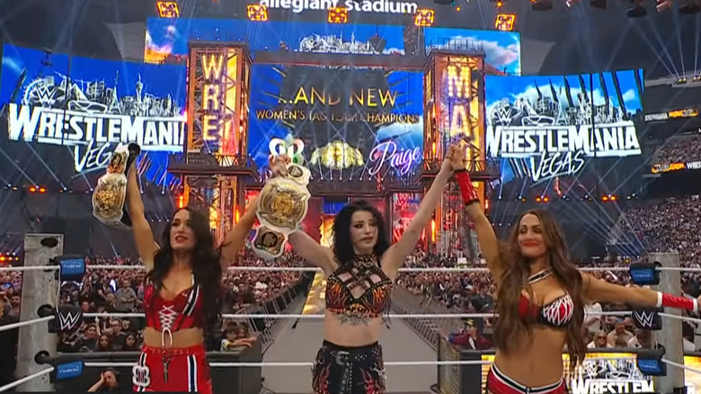 Brie Bella, Paige, and Nikki Bella celebrate at WrestleMania 42