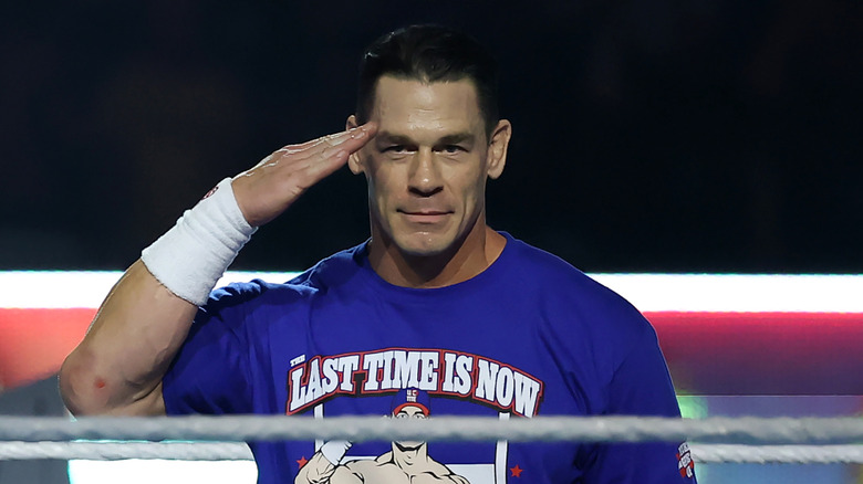 John Cena salutes the crowd before the match against Cody Rhodes during the WWE 2025 SummerSlam