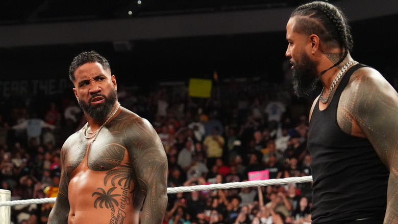 Jey Uso gives Jimmy Uso an exasperated look during an episode of "WWE RAW."