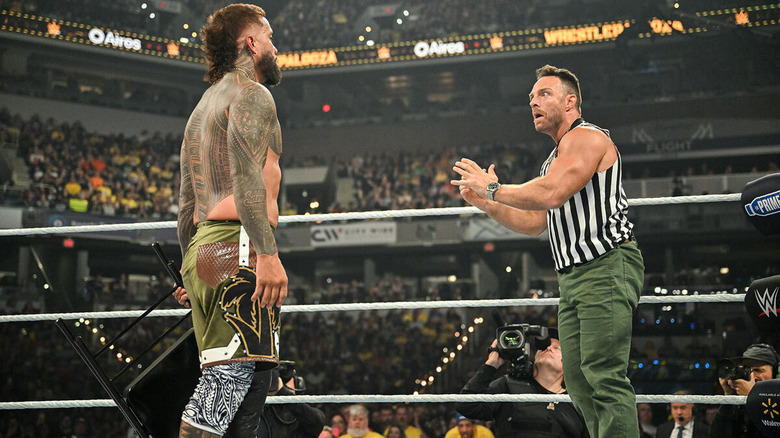 Jey Uso stares down special gues referee LA Knight at WWE Wrestlepalooza