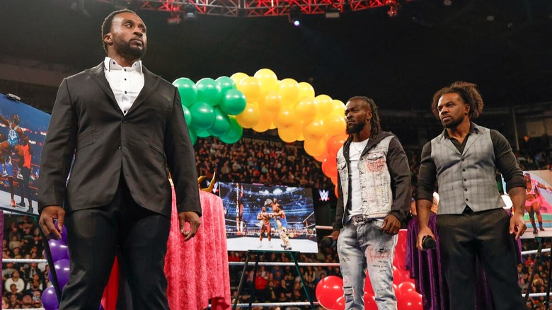Big E feels the cold shoulder as he processes what Kofi Kingston and Xavier Woods just said to him during their celebration event on "WWE Raw."