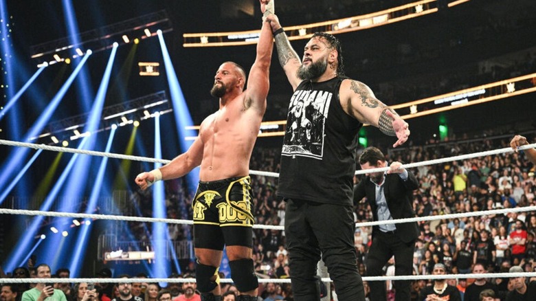 Bronson Reed raises the hand of Bron Breakker after Reed returned to help out his Vision stablemate against Oba Femi at WWE Sunday Night's Main Event on September 6, 2026.