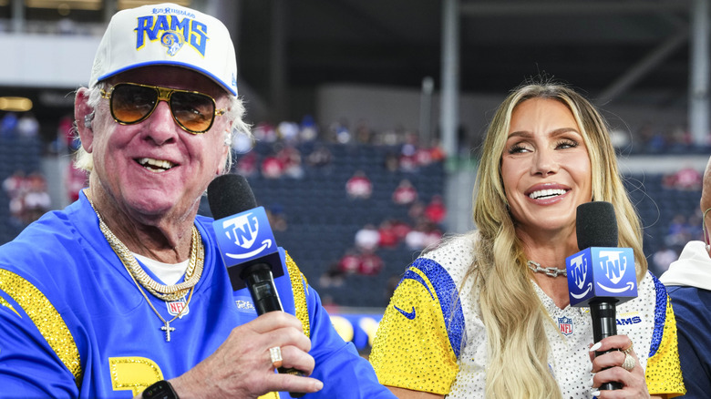 Ric Flair and Charlotte Flair visit on set of the TNF on Prime pregame show prior to an NFL football game between the San Francisco 49ers and the Los Angeles Rams at SoFi Stadium on October 2, 2025 in Inglewood, California.