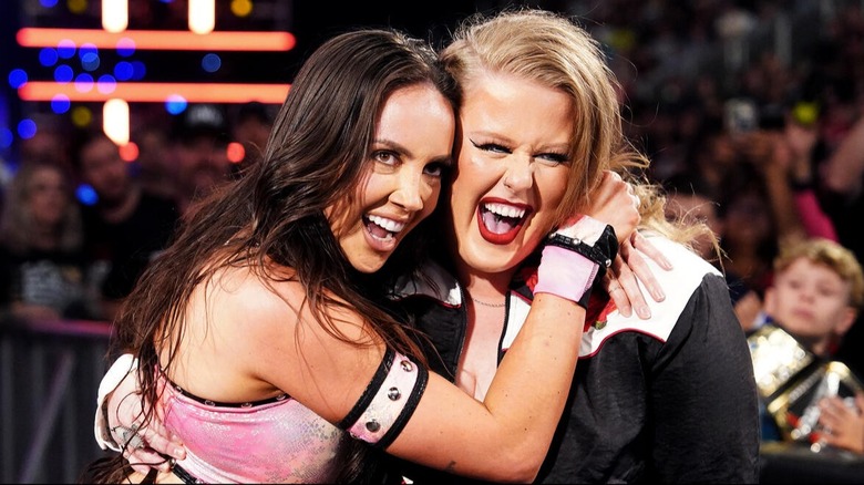 Chelsea Green gives Piper Niven a giant side hug after a successful victory on "WWE SmackDown."