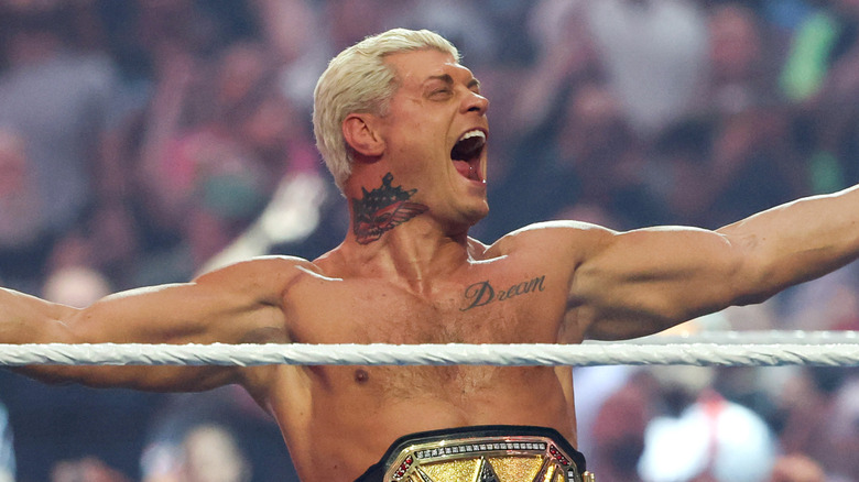 Cody Rhodes is introduced before his match against Randy Orton for the Undisputed WWE Championship during WrestleMania 42 at Allegiant Stadium on April 18, 2026 in Las Vegas, Nevada.