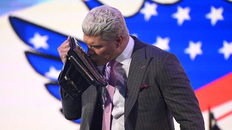 Cody Rhodes kisses his Undisputed WWE Championship ahead of his WrestleMania 42 contract signing with Randy Orton