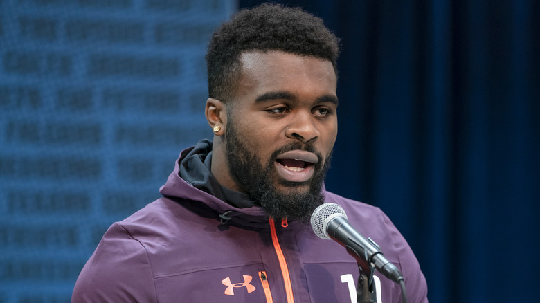 Elijah Holyfield #RB10 of the Georgia Bulldogs is seen at the 2019 NFL Combine at Lucas Oil Stadium on February 28, 2019 in Indianapolis, Indiana.