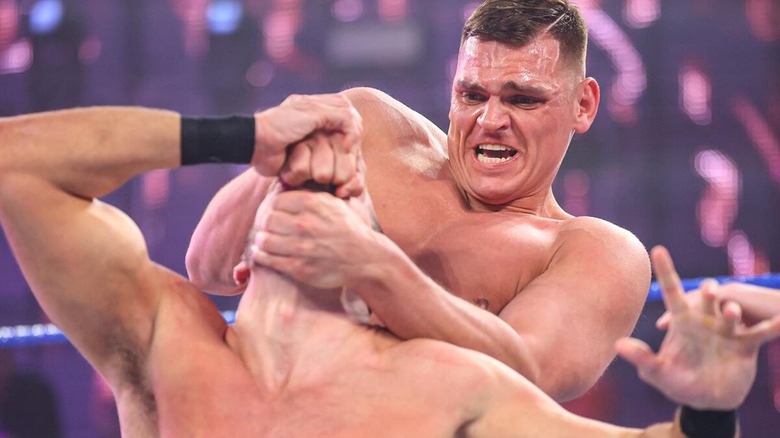 GUNTHER mauling Duke Hudson during their March 22nd 2022 match in 