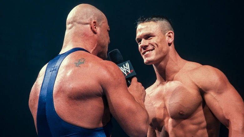 John Cena facing off against Kurt Angle moments before blurting out 