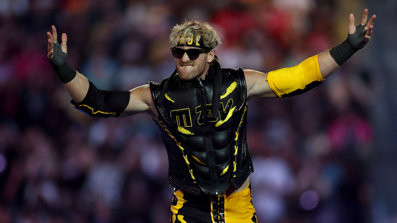 Logan Paul makes his entrance before the tag team match with partner Drew McIntyre as they take on Randy Orton and Jelly Roll during the WWE 2025 SummerSlam at MetLife Stadium on August 02, 2025 in East Rutherford, New Jersey.