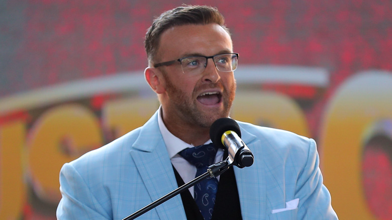 Nick Aldis speaks during SiriusXM's Busted Open Broadcasts Live Special WrestleMania Party