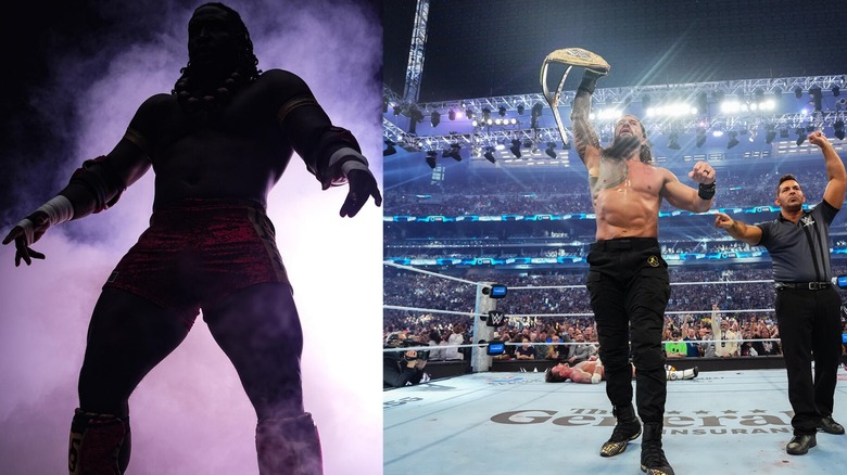 (Left side) Oba Femi is featured and (Right side) Roman Reigns moments after capturing the WWE World Heavyweight Championship at WrestleMania 42