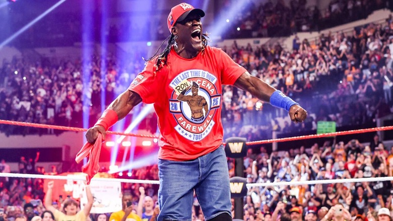 R-Truth enters the ring in his "Ron Cena" gear ahead of an Undisputed WWE Championship match against John Cena in May 2025.