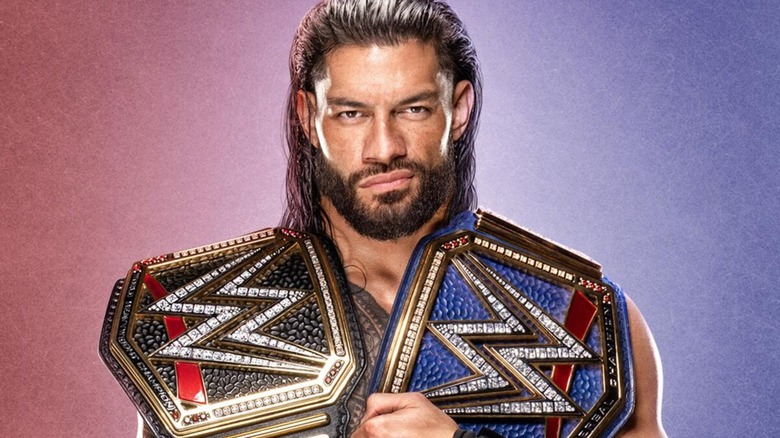 Roman Reigns during a photoshoot while reigning as both the WWE and Universal Champions.