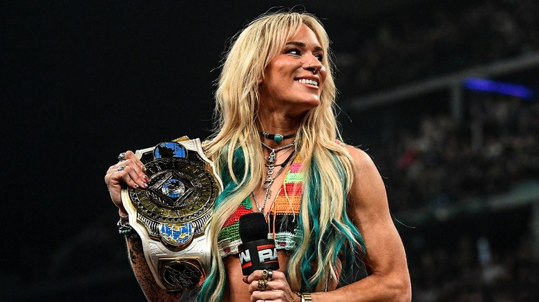Sol Ruca cutting a promo with the Women's Intercontinental Championship the night after winning the belt.