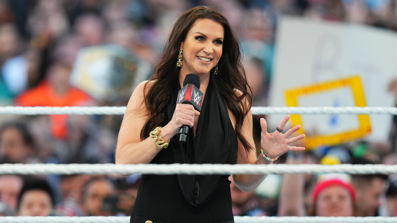 Stephanie McMahon addresses the crowd during Night 1 of WrestleMania 40