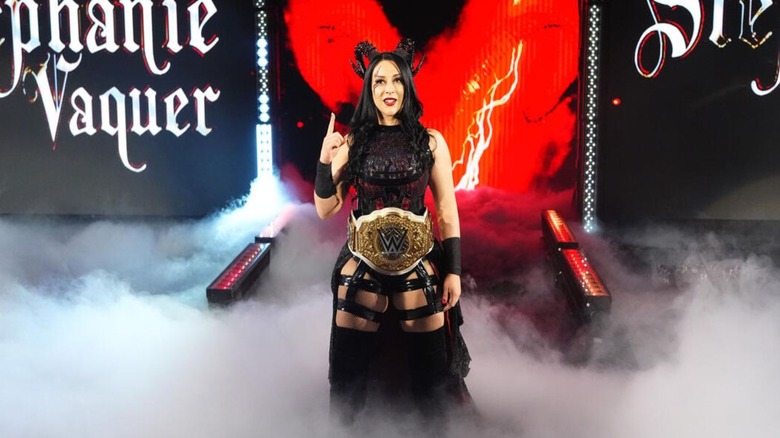 Women's World Champion Stephanie Vaquer poses on stage before the opening segment of 