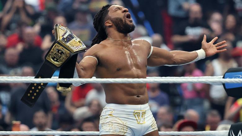 Trick Williams celebrates after defeating Sami Zayn during the United States Championship match during WrestleMania 42