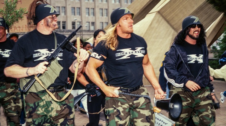 D-Generation X showsing up outside of Turner Headquarters wearing their military themed garb