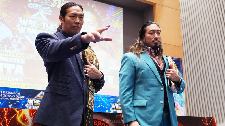 Yota Tsuji and Konosuke Takeshita at the Wrestle Kingdom press conference