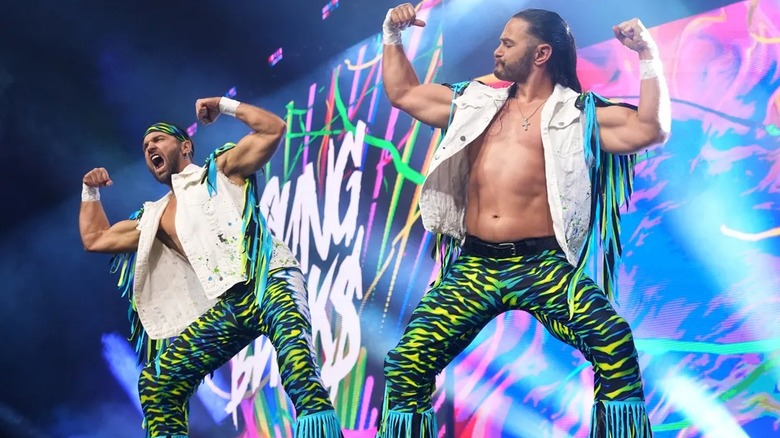 The Young Bucks hit their signature pose at the top of the entrance ramp