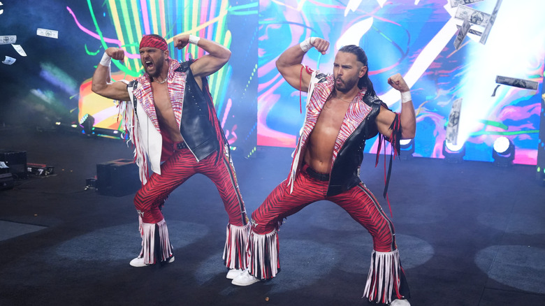 The Young Bucks, Matt and Nick Jackson, pose on the stage and flex during their entrance before a match on the May 20, 2026 edition of 