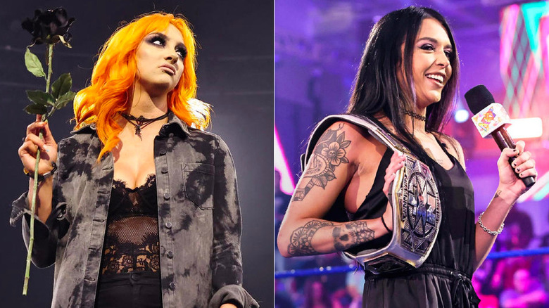 Gigi Dolin hold Black Rose, Cora Jade holding microphone and NXT title 
