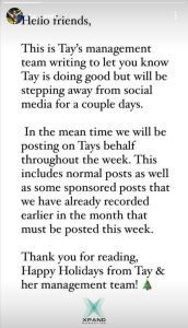 Tay Conti's Management Team annoucing she will be off of social media for a couple of days